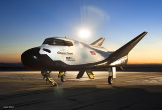 A prototype of the Dream Chaser space plane built by Sierra Nevada Space Systems is seen at dawn at NASA's Armstrong Flight Research Center in California during its drop-test campaign.