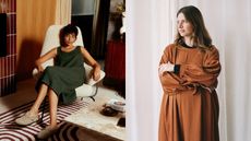 A two-split image shows a woman dressed in a forest green, sleeveless linen dress as she sits on an armchair in a 1970s-inspired living room and, on the right, another woman in a maxi dress in earthy tones standing with her arms crossed in front of a white linen curtain.
