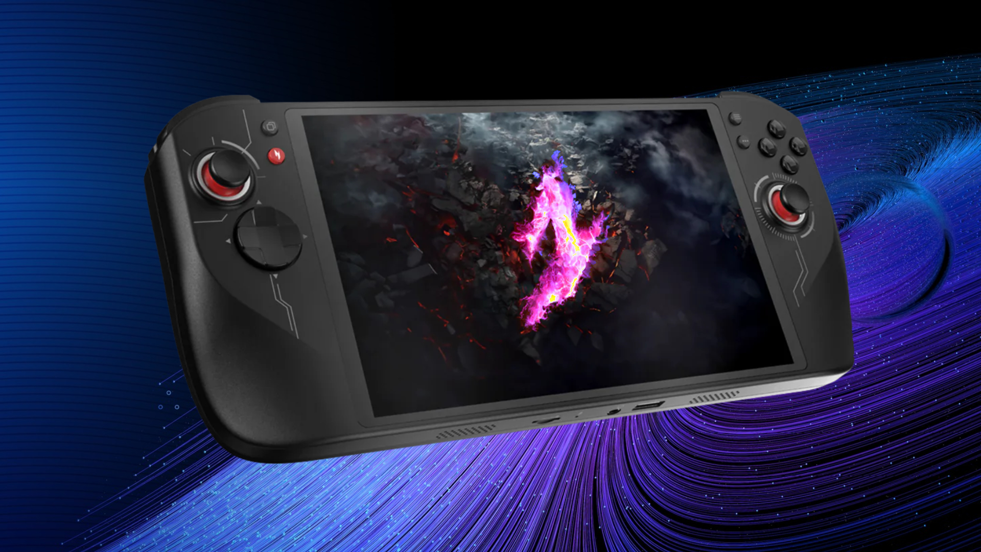 Acer Nitro handheld with Intel Arc backdrop featuring blue swirling lines.
