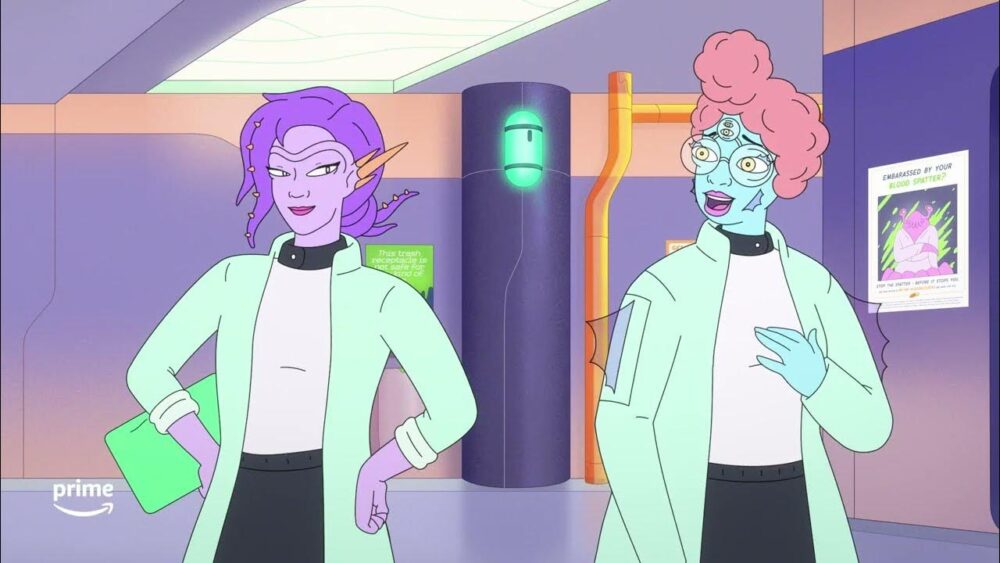 Two alien characters standing side by side in a hospital