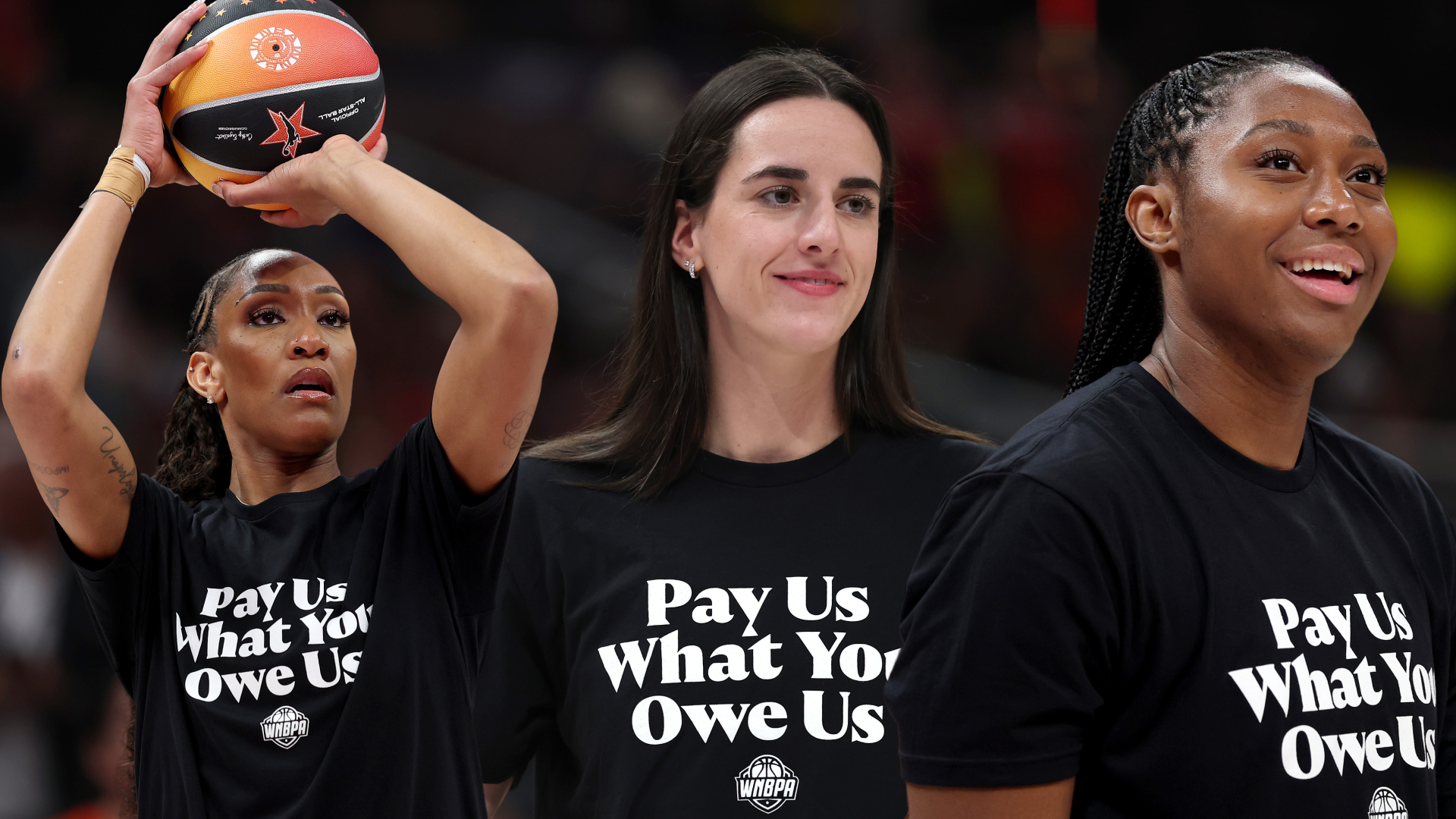 three women wearing wnba pay us what you owe us tshirts at the 2025 wnba all star weekend