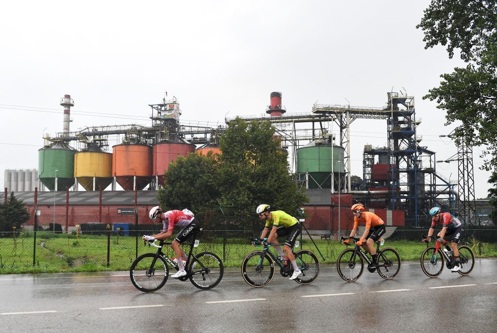 (From L) Team Cofidis' French rider Thomas Champion, Team Arkea-B&amp;B Hotels' French rider Thibault Guernalec, Team Euskaltel-Euskadi's Spanish rider Xabier Isasa and Team Lotto's Danish rider Jonas Gregaard compete during the stage 17 of the Vuelta a Espana, a 141,5 km race between Arnuero and Santander, on September 4, 2024. (Photo by ANDER GILLENEA / AFP)