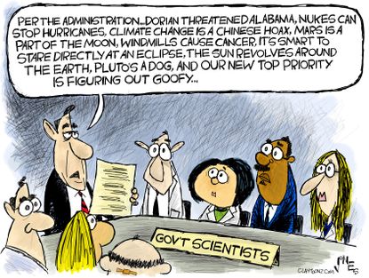 Political Cartoon U.S. Government Scientists Briefing Trump Climate Ideas