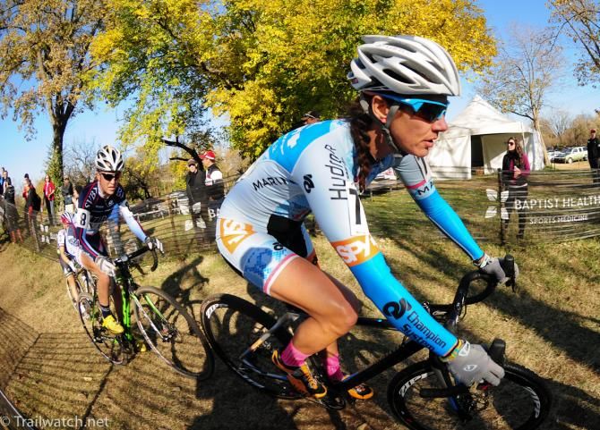 Emily Kachorek (#Getomoto) rounding a tight corner
