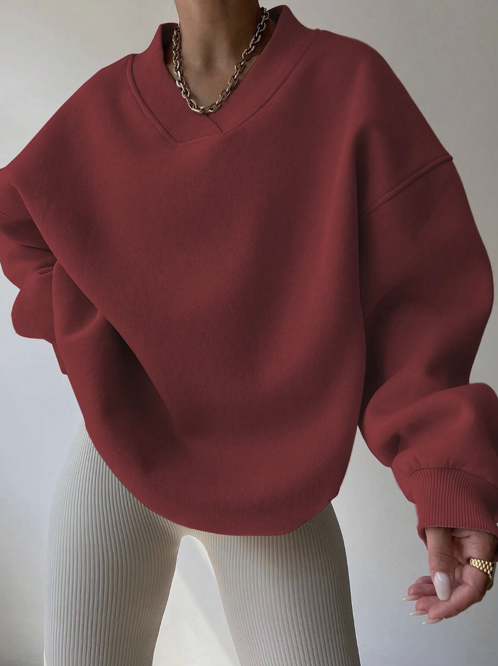 Shein, V-Neck Drop Shoulder Long Sleeve Loose Casual Sweatshirt