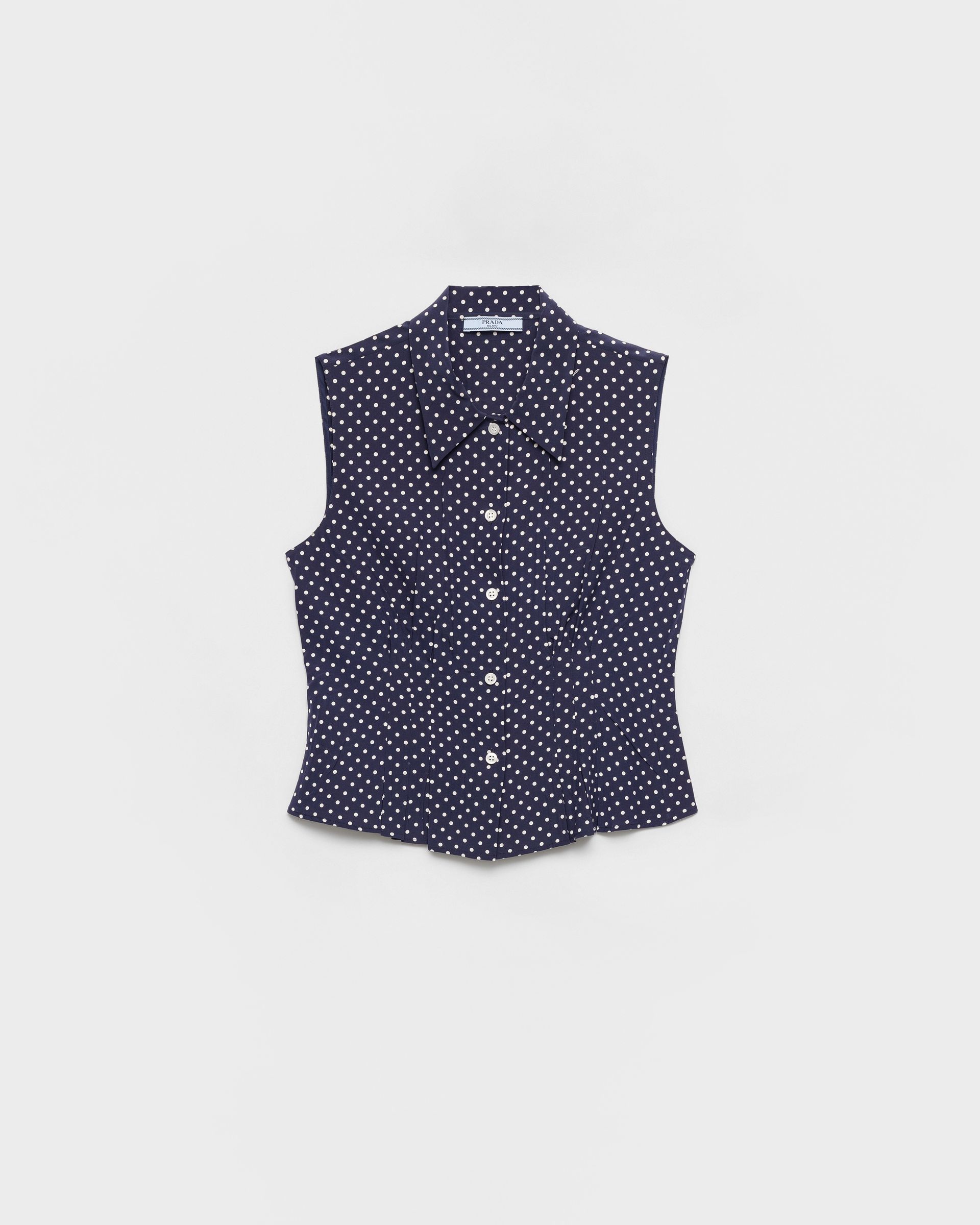 Sleeveless Polka-Dot Marocain Silk Shirt Blue/white