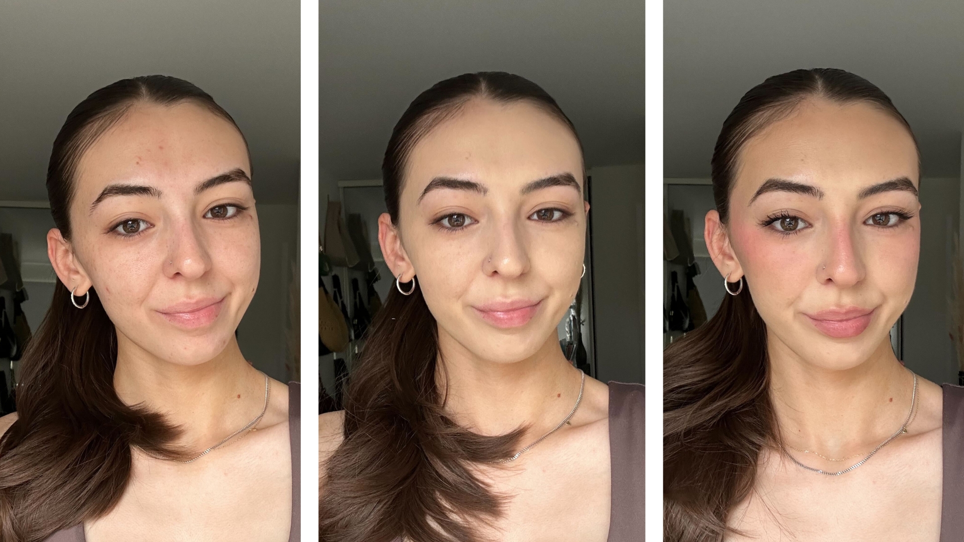 Sennen before applying foundation on the left, Sennen wearing the TirTir Mask Fit Red Cushion Foundation on its own in the middle and Sennen after completed makeup routine on the right
