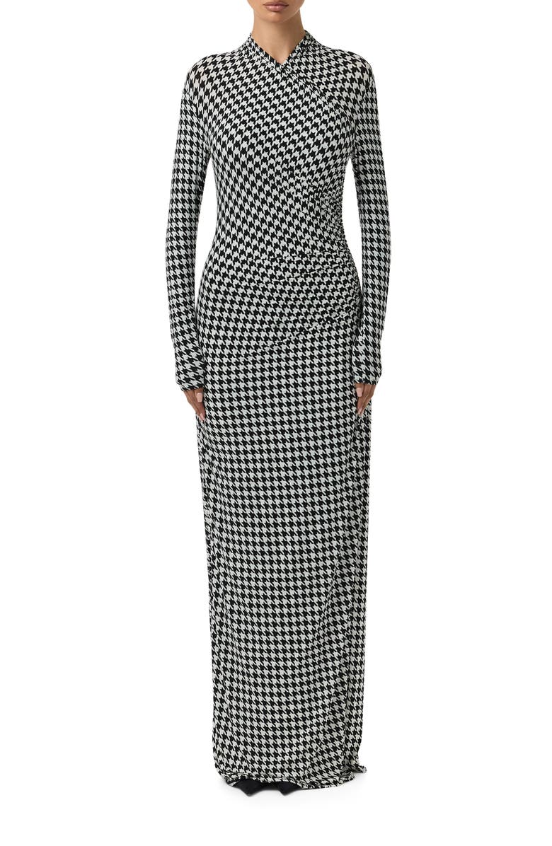 Houndstooth Overlap Neck Long Sleeve Maxi Dress