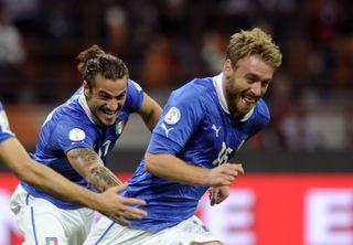 Daniele De Rossi celebrates after scoring for Italy against Denmark in 2012.