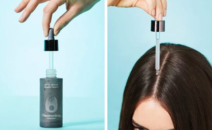 Omorovicza Budapest Scalp Reviver serum in gray bottle against blue background next to woman applying Scalp Reviver to her scalp
