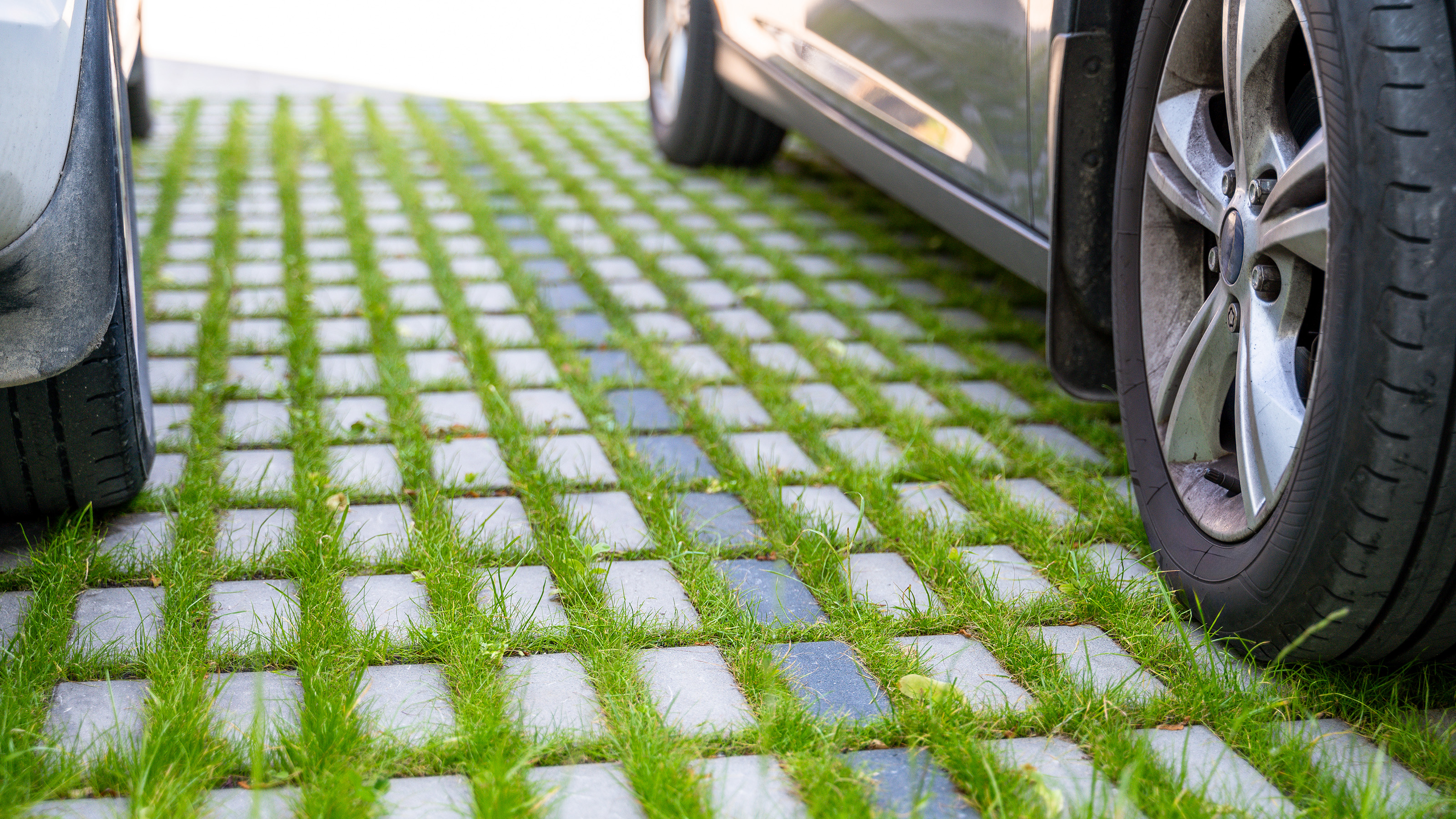 Ground-level view of eco-friendly parking space made with tiles allowing grass to grow between