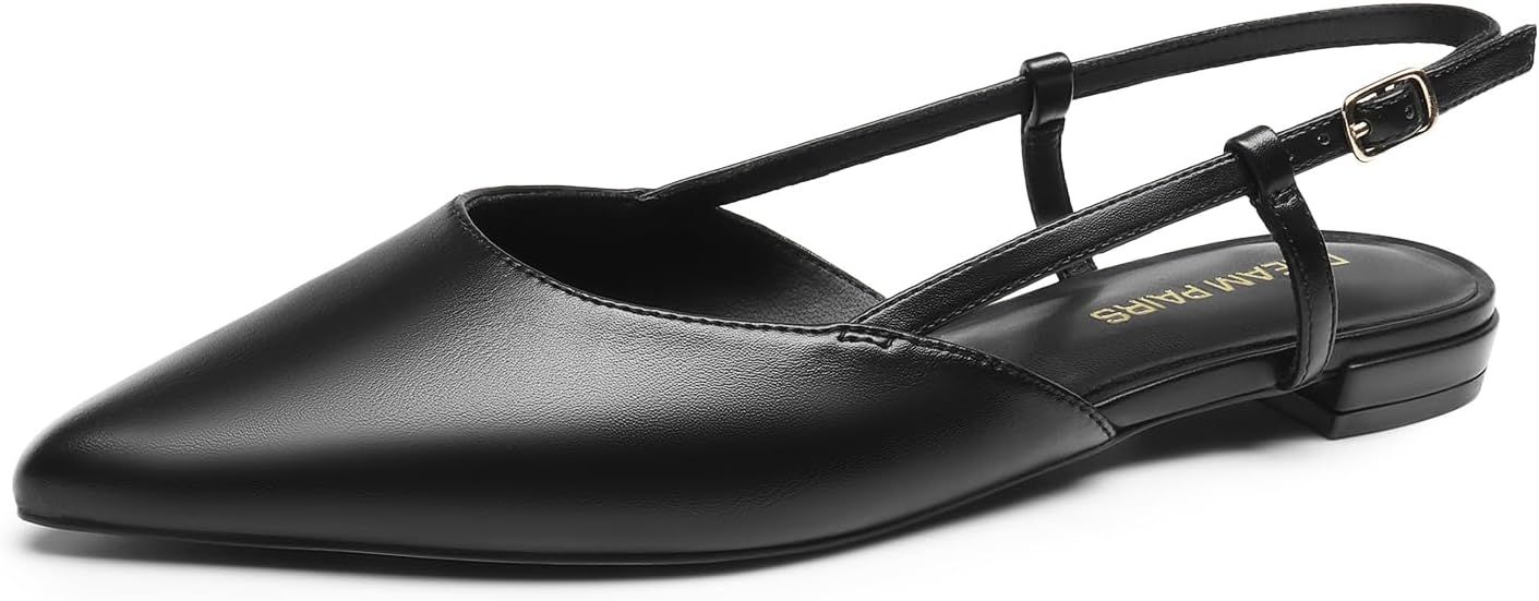 DREAM PAIRS, Dream Pairs Slingback Flats for Women, Pointed-Toe Elegant Women's Ballet Flats With Buckle Strap, Classic Low Heel Dress Shoes for Casual Work Office Party,size 9,all Black-Pu,dwumfa2504