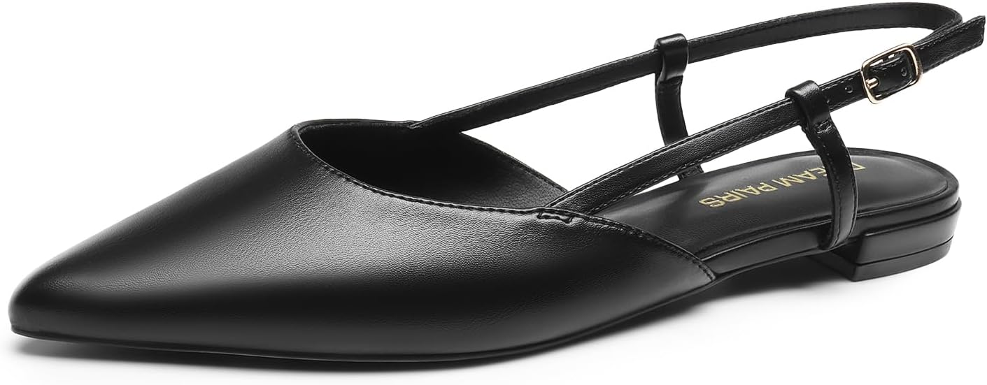 DREAM PAIRS, Dream Pairs Slingback Flats for Women, Pointed-Toe Elegant Women's Ballet Flats With Buckle Strap, Classic Low Heel Dress Shoes for Casual Work Office Party,size 9,all Black-Pu,dwumfa2504