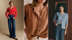 Three images of models wearing Sezane cardigans 