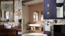 wooden and gold bathroom, terracotta bathroom, purple bathroom