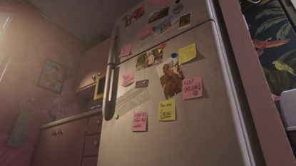 A fridge in GTA 6 shows photos of Lucia and Jason and some stickers reference in-game locations, along with messages of affirmation