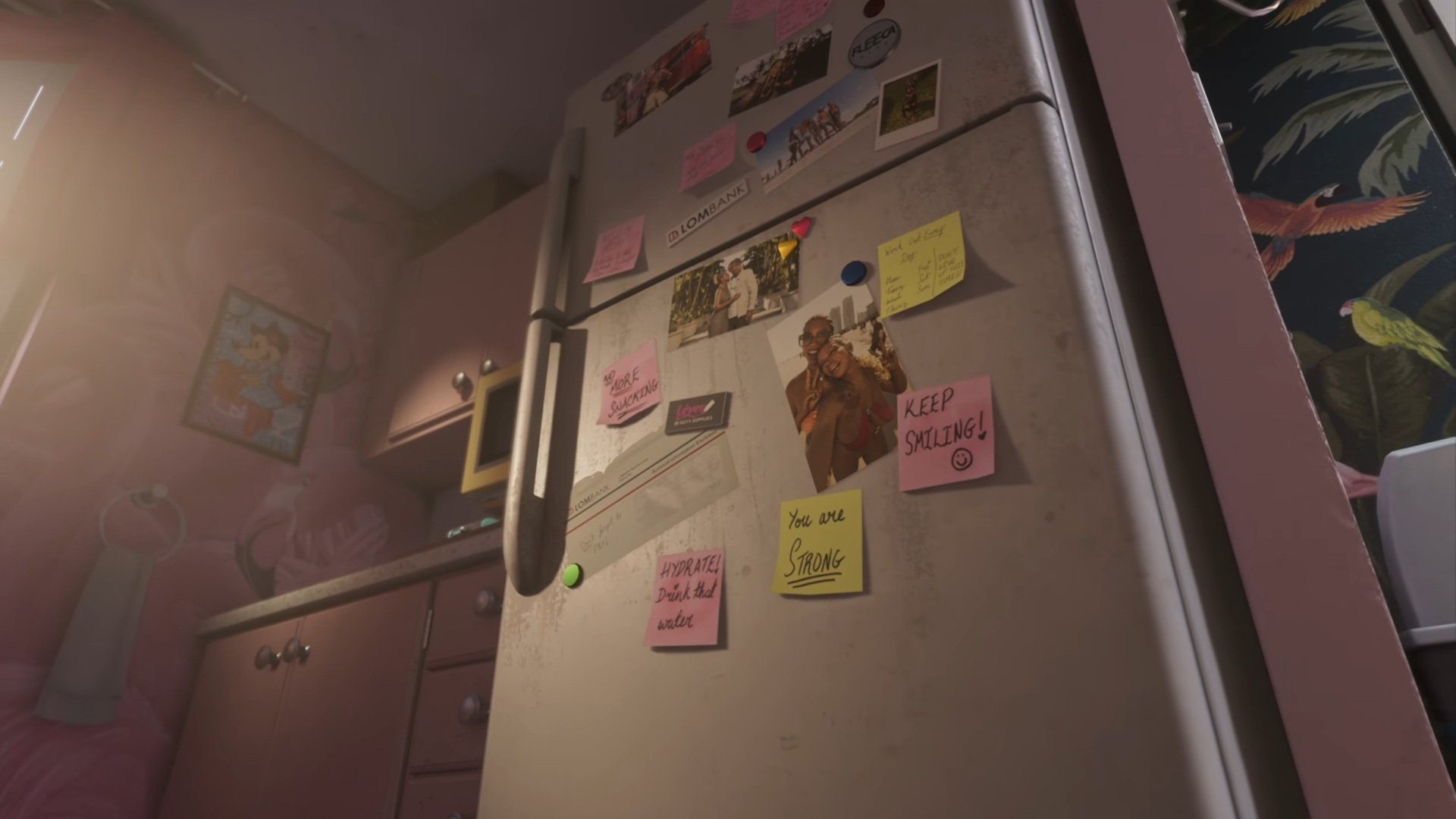 A fridge in GTA 6 shows photos of Lucia and Jason and some stickers reference in-game locations, along with messages of affirmation
