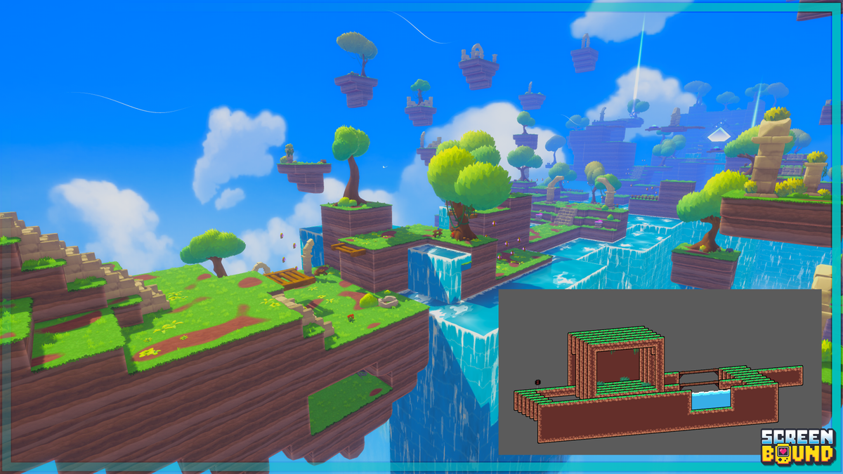 Colourful screens from indie game Screenbound; shows a player holding a yellow handheld console displaying a 2D game that mirrors the surrounding 3D environment perfectly.