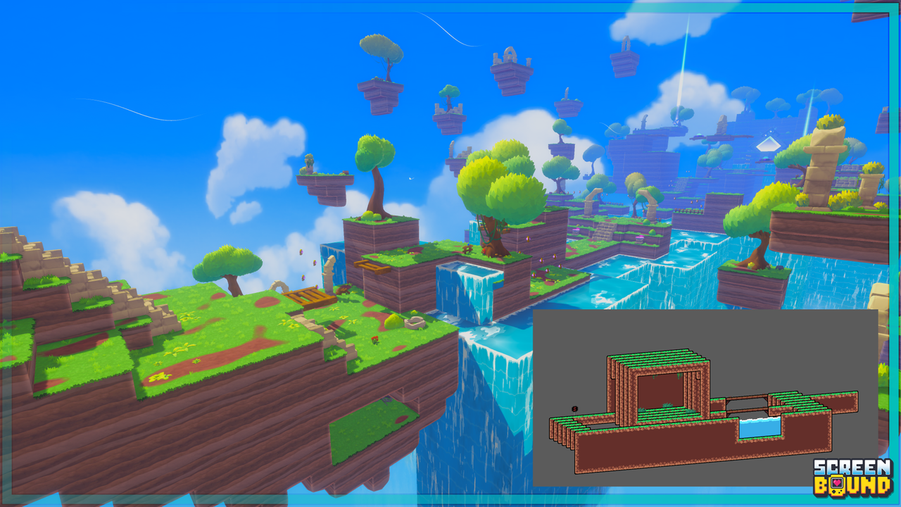 Colourful screens from indie game Screenbound; shows a player holding a yellow handheld console displaying a 2D game that mirrors the surrounding 3D environment perfectly.