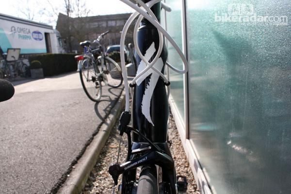 The Specialized S-Works Tarmac SL4 sports an hourglass-profile head tube.