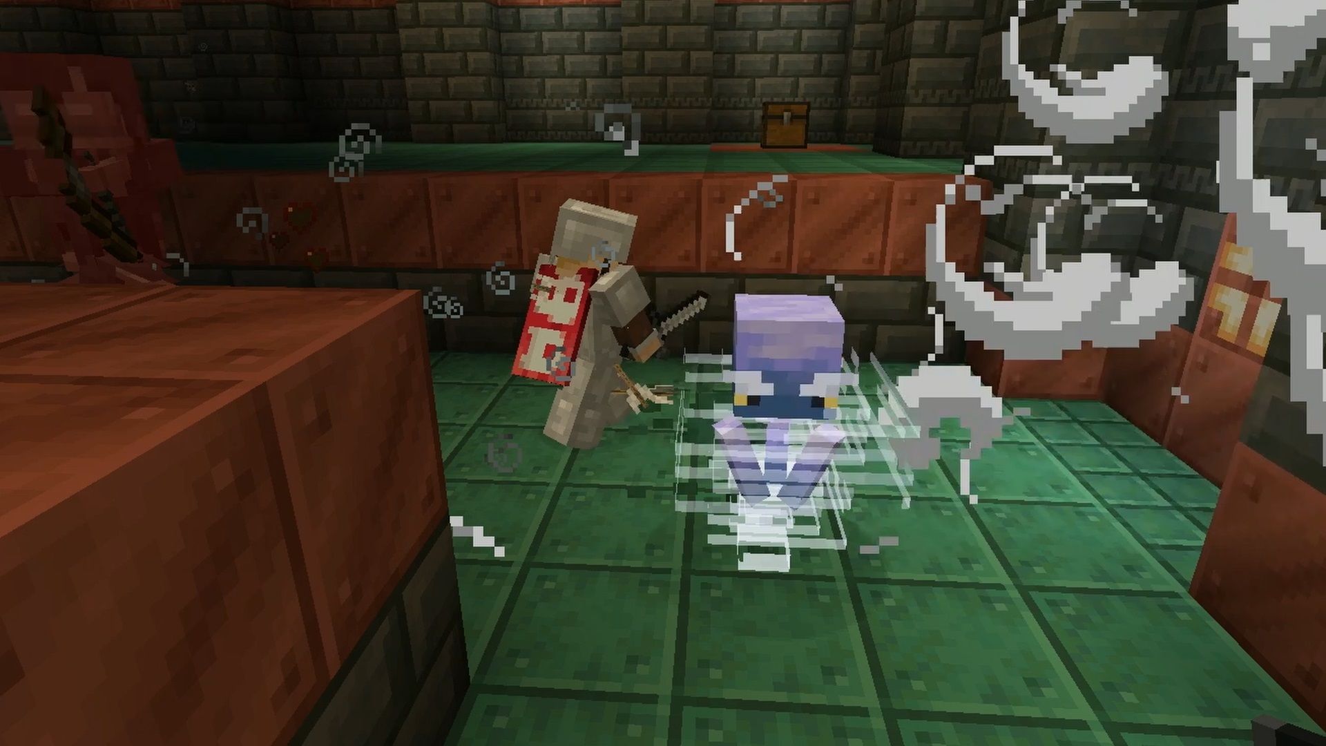 Minecraft 1.21 update - a Breeze enemy throws a wind explosion at players inside a Trial Chamber