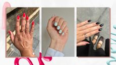 A collage of our beauty team's July nails: on the left, is a close-up of Digital Beauty Ecom Editor, Aleesha Badkar's strawberry-red almond nails, followed by a picture of Digital Beauty Writer, Naomi Jamieson's mint-green nails (m) and on the right, a picture of Digital Beauty Writer, Sennen Prickett's black almond nails/ featured in white template with colourful nail polish spill effects.