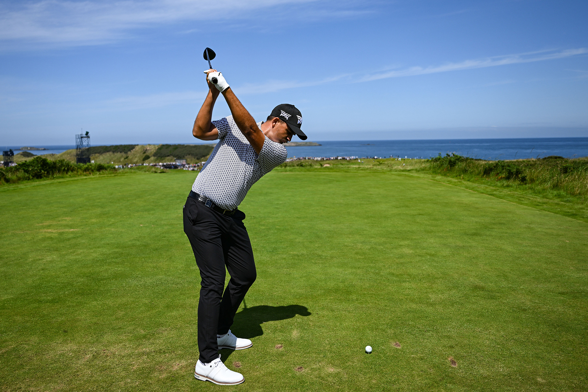 Christiaan Bezuidenhout at the top of his backswing during a tee shot in a practice round for the Open Championship at Royal Portrush