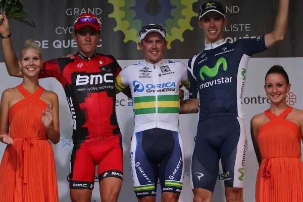 The Quebec podium: Van Avermaet (2nd), Gerrans (1st) and Rui Costa (3rd)