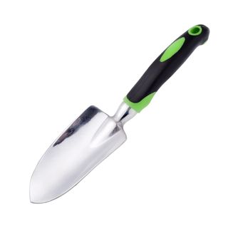 Garden trowel with black and green handle and silver head