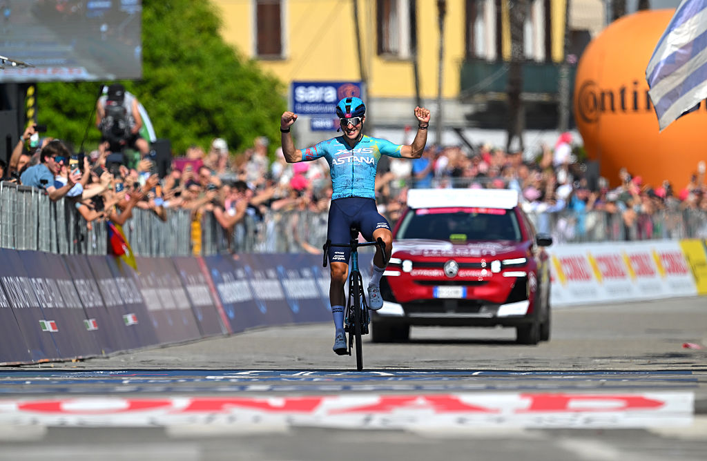 VERBANIA, ITALY - MAY 22: Alberto Bettiol of Italy and Team XDS Astana celebrates at finish line as stage winner during the 109th Giro d&amp;apos;Italia 2026, Stage 13 a 189km stage from Alessandria to Verbania / #UCIWT / on May 22, 2026 in Verbania, Italy. (Photo by Tim de Waele/Getty Images)