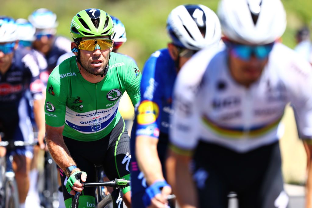 CARCASSONNE FRANCE JULY 09 Mark Cavendish of The United Kingdom and Team Deceuninck QuickStep Green Points Jersey during the 108th Tour de France 2021 Stage 13 a 2199km stage from Nmes to Carcassonne Gold Oakley Kato Sunglasses LeTour TDF2021 on July 09 2021 in Carcassonne France Photo by Michael SteeleGetty Images