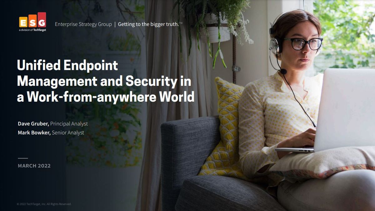 Whitepaper on unified endpoint management and security,with image of female working remotely at a laptop on her sofa