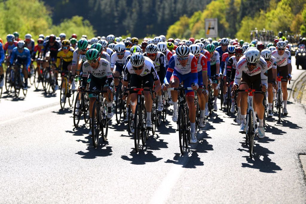 ERMUALDE LAUDIO SPAIN APRIL 07 The peloton during the 60th ItzuliaVuelta Ciclista Pais Vasco 2021 Stage 3 a 1677km stage from Amurrio to Ermualde Laudio 481m Landscape itzulia ehitzulia on April 07 2021 in Ermualde Laudio Spain Photo by David RamosGetty Images