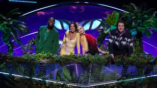 The judging panel for The Masked Singer I'm A Celebrity Special: Mo Gilligan, Davina McCall, Rita Ora, Jonathan Ross (L-R).