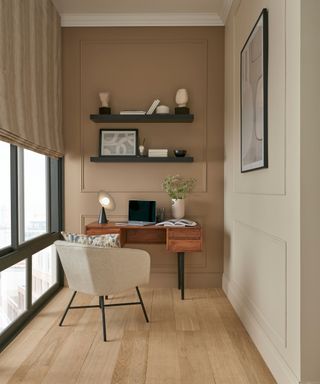Greige home office with large windows
