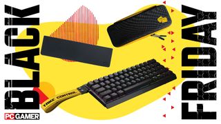 The Wooting 60HE+ and accessories on a yellow background with Black Friday down the sides.