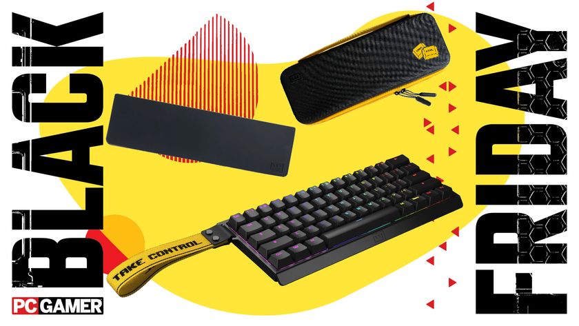 The Wooting 60HE+ and accessories on a yellow background with Black Friday down the sides.