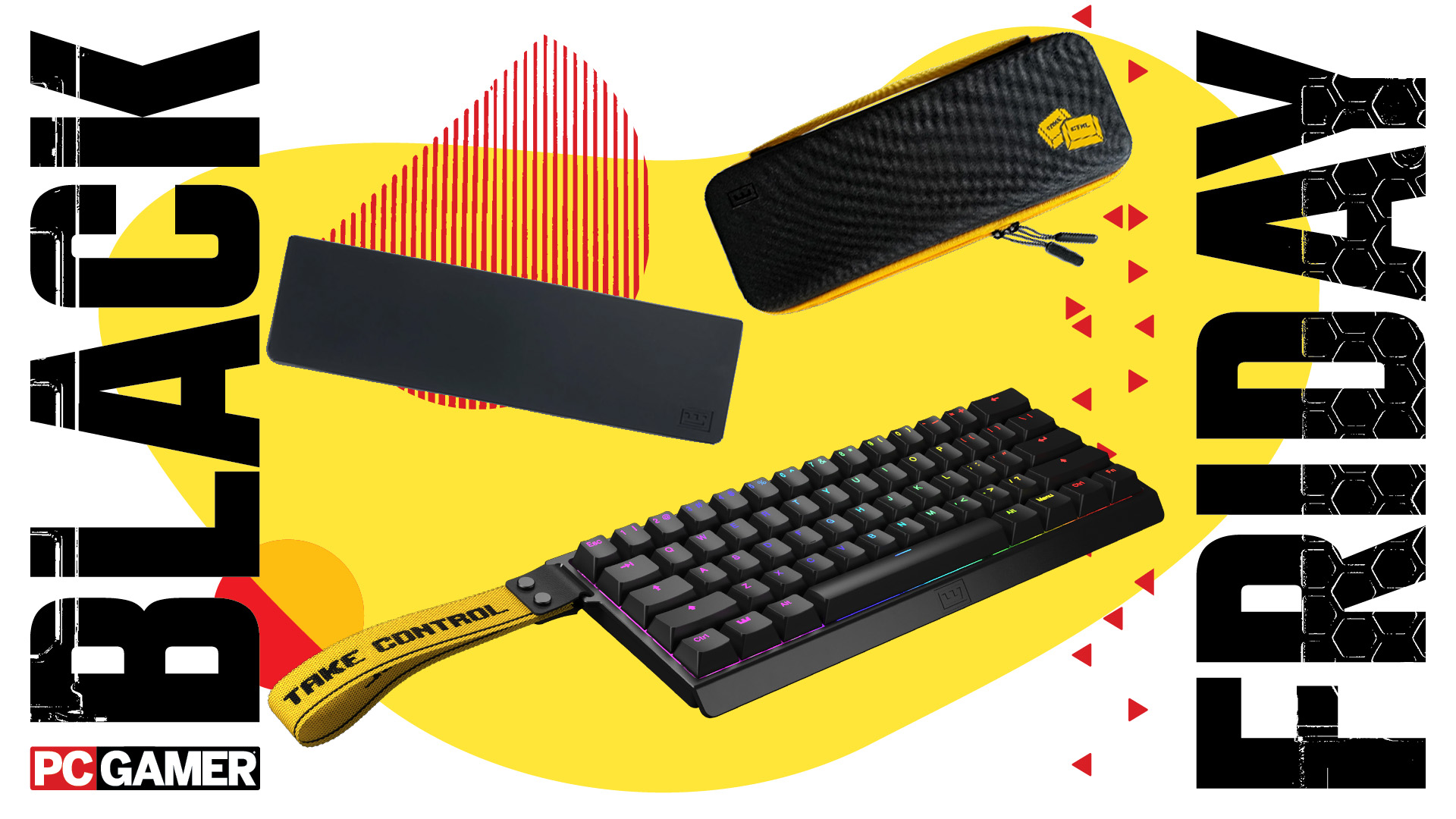 The Wooting 60HE+ and accessories on a yellow background with Black Friday down the sides.