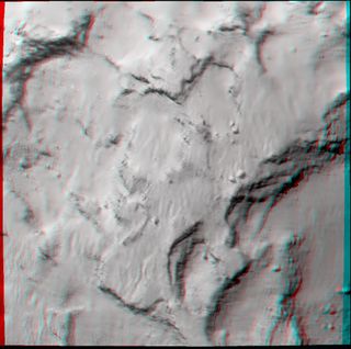 This image shows a 3D view of the target landing site near the