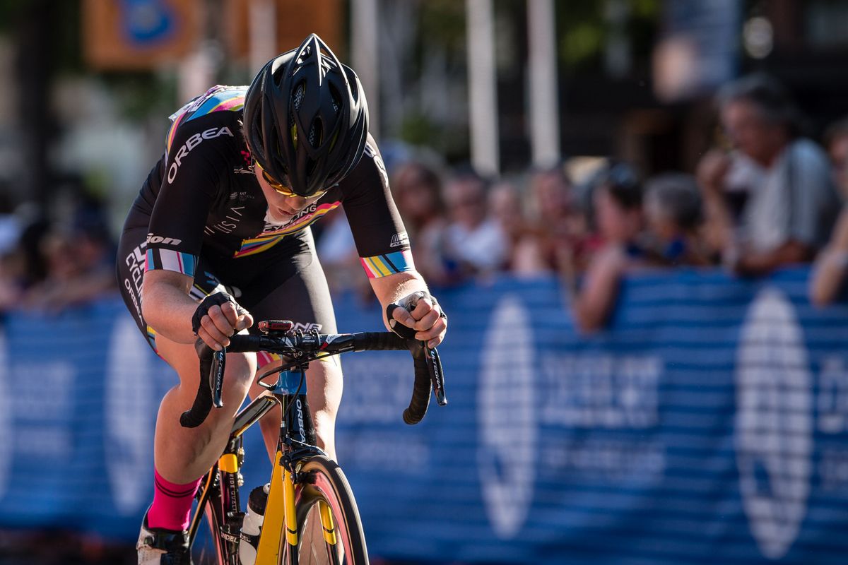 Clare Rose (DNA) puts her head down as she goes solo on the final laps.