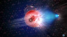 In this illustration, a neutrino interacts with Antarctic ice, shedding a muon in the process. As that muon moves at ultrafast speed, it leaves a telltale trail of blue light, known as Cherenkov radiation.