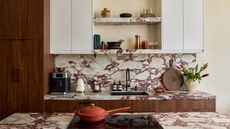 boy apartment kitchen with marble countertop and backsplash, dark timber cabinetry and sleek styling