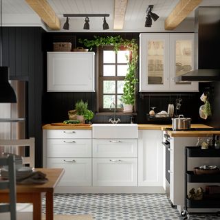 White cabinets, dark grey walls, and window with hanging plant