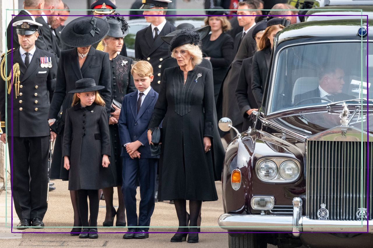 Princess Charlotte, Camilla Queen Consort, Prince George and Kate Middleton at Wellington Arch for Queen&#039;s funeral