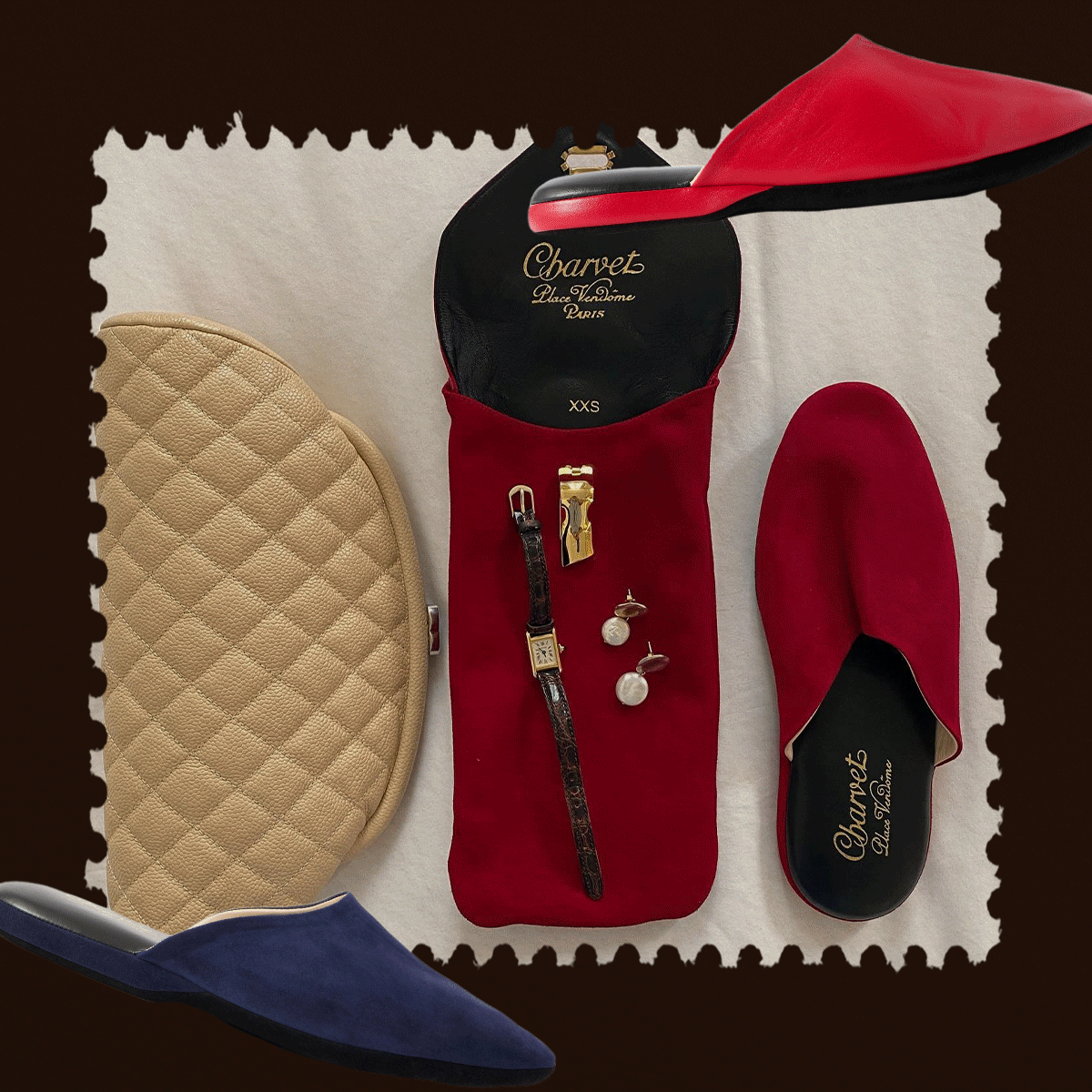 A collage featuring photos of Charvet's viral slippers in a multitude of colors.