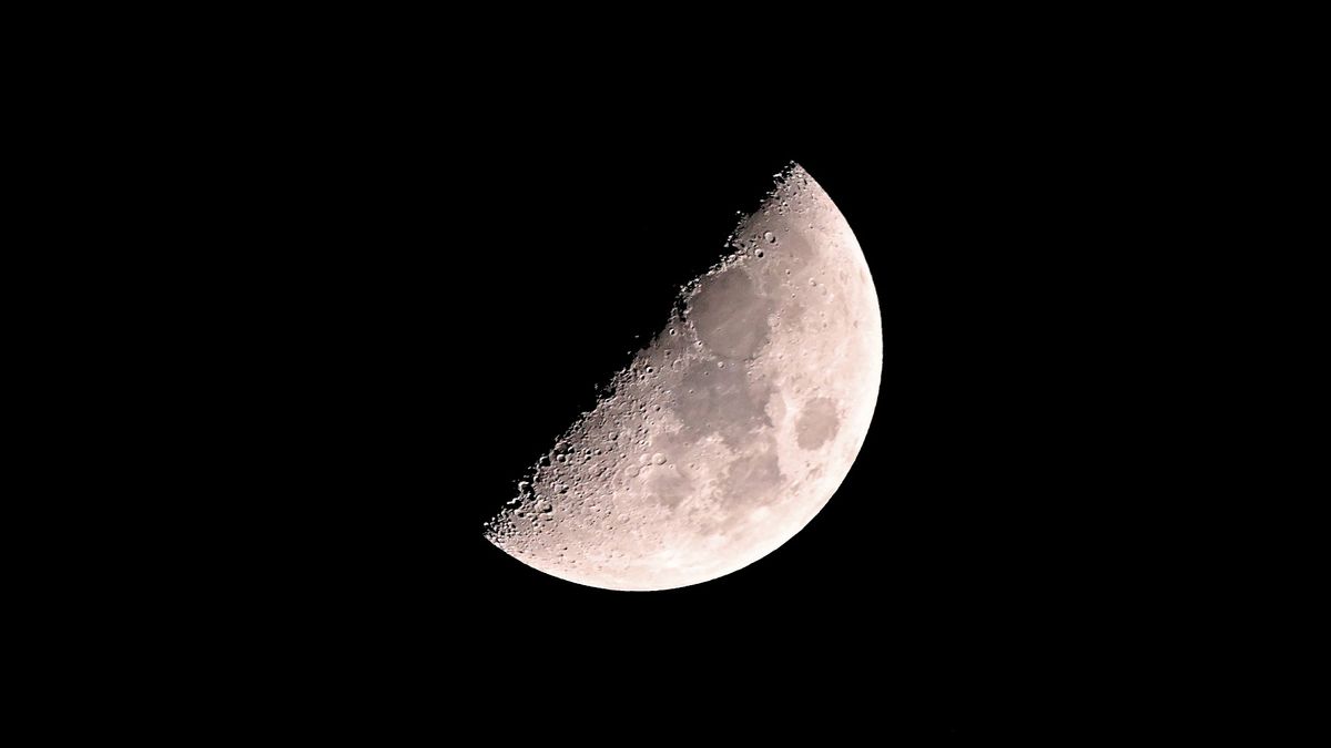 the half-lit moon in the night sky