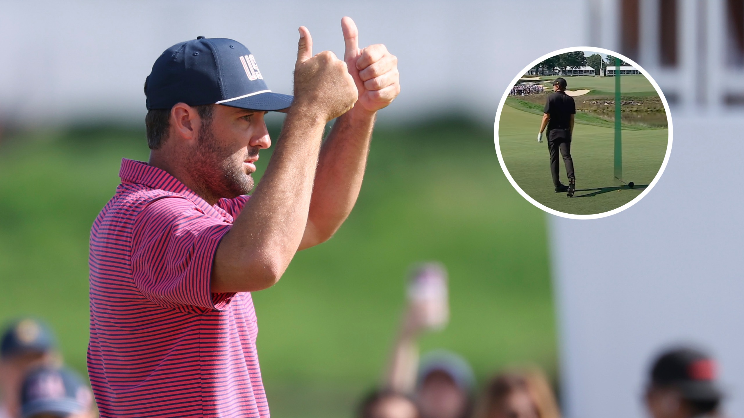 Scottie Scheffler puts two thumbs up during singles Sunday at the Presidents Cup