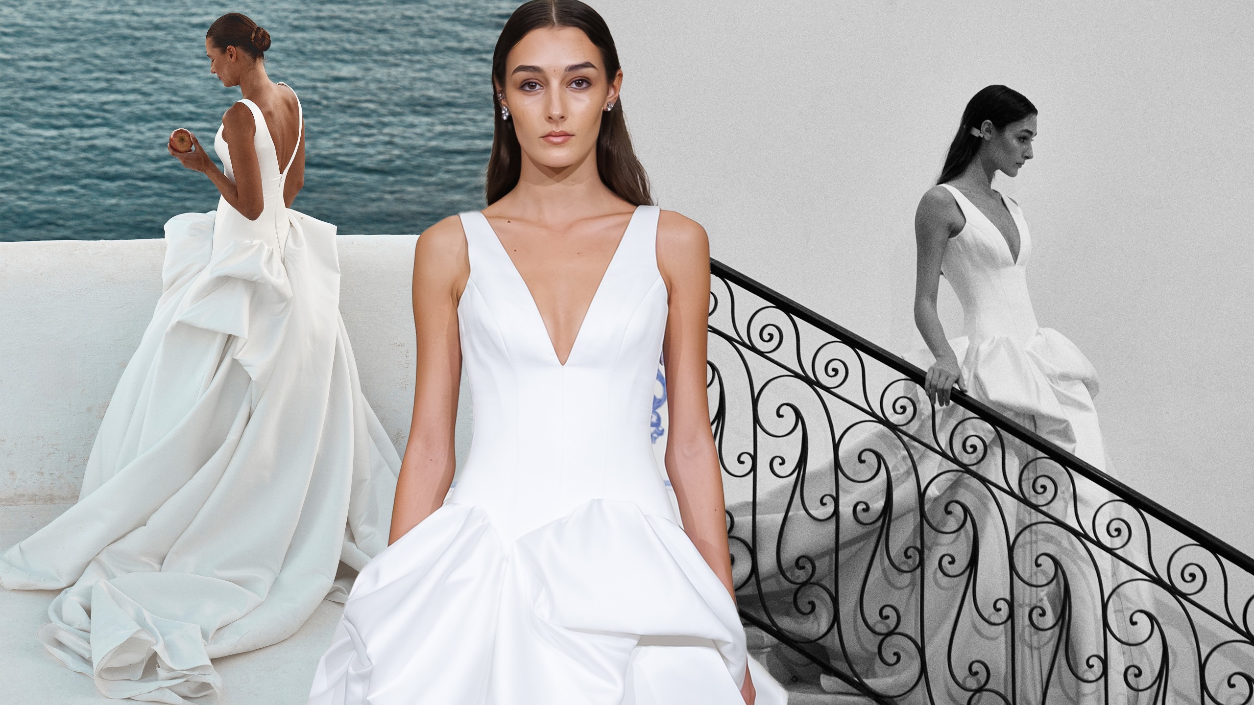 three images from kyha's collection of a model wearing a v-neck wedding gown.