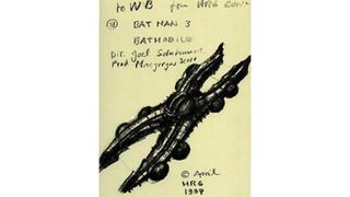 HR Giger Batmobile; a sketch of a car that looks like scissors