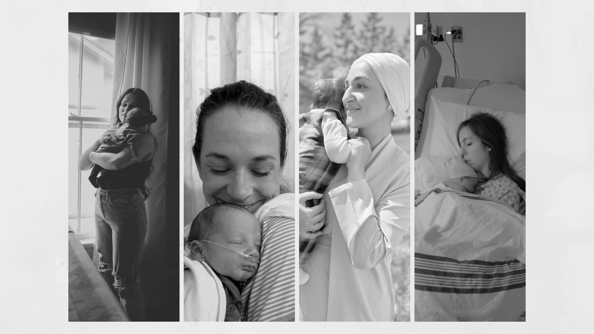 Black-and-white four-panel collage of mothers holding and cuddling their babies, including scenes at home, outdoors, and in a hospital bed.